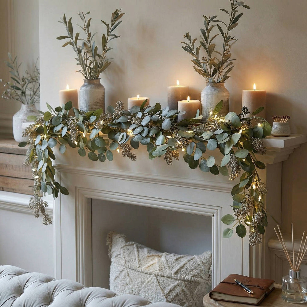 Olive Leaf LED Garland – Cordless Fairy Light Mantel Decoration