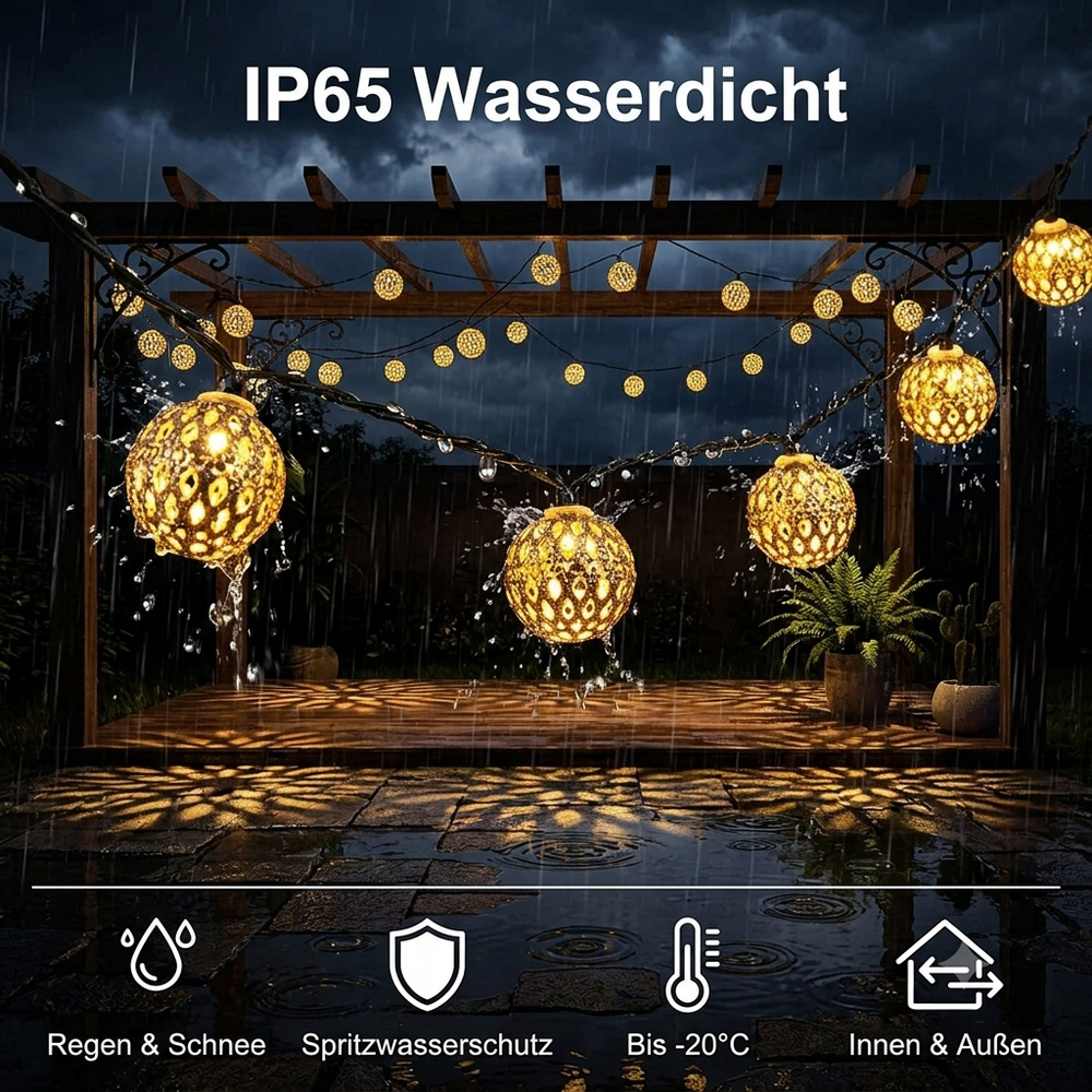 Solar Moroccan String Lights 12m – 100 LED Balls, Warm White & IP65 Waterproof