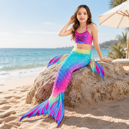 Girls Mermaid Swimsuit Costume – Three-Piece Set, Swim Tail & Dress-Up Ready
