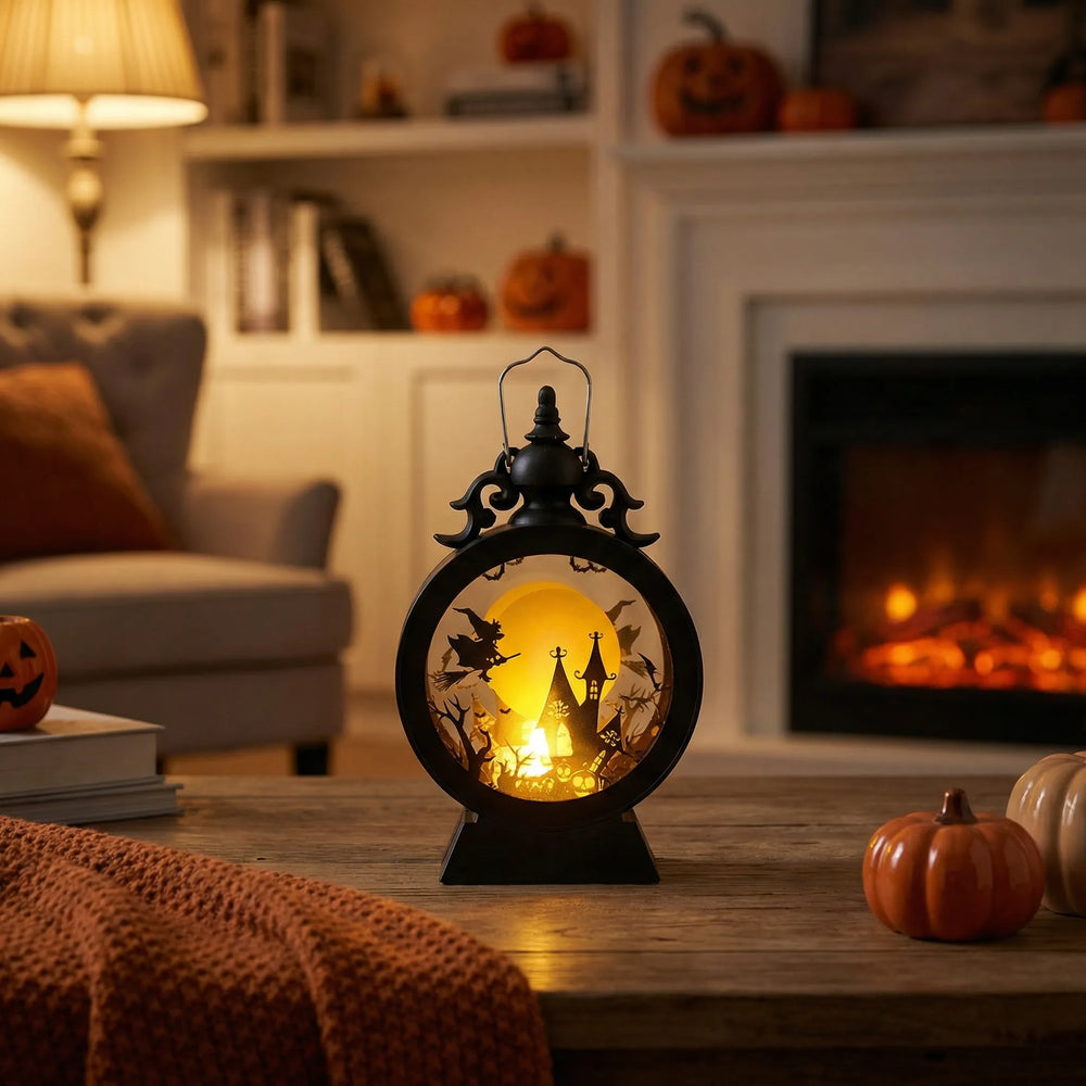 Halloween LED Lantern with Gothic Window and Silhouette Cutouts