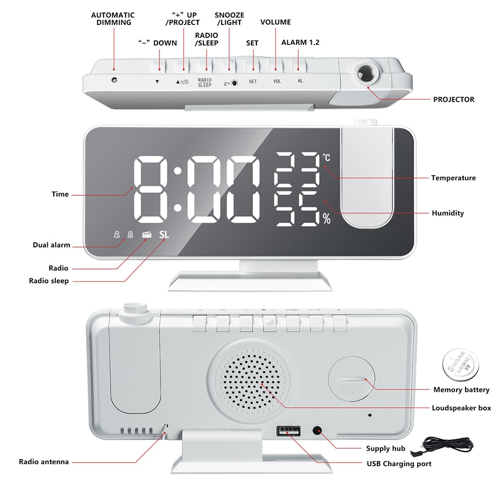 Optimized Product Title: "Digitale Projektionsuhr mit LED-Display, FM-Radio & Weckerfunktion – Perfekt für Schlafzimmer" 

This title includes relevant keywords while highlighting key features and benefits to improve visibility and appeal on Google Shoppi