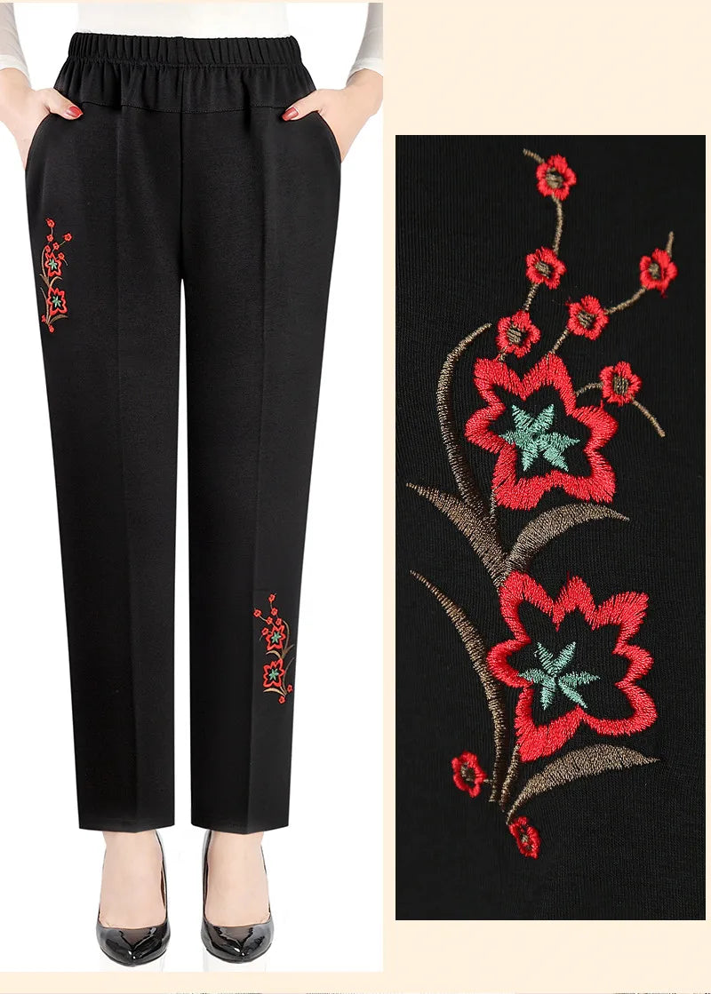Autumn Magic Plus-Size High-Waisted Embroidered Pants for Women - Stylish & Comfortable