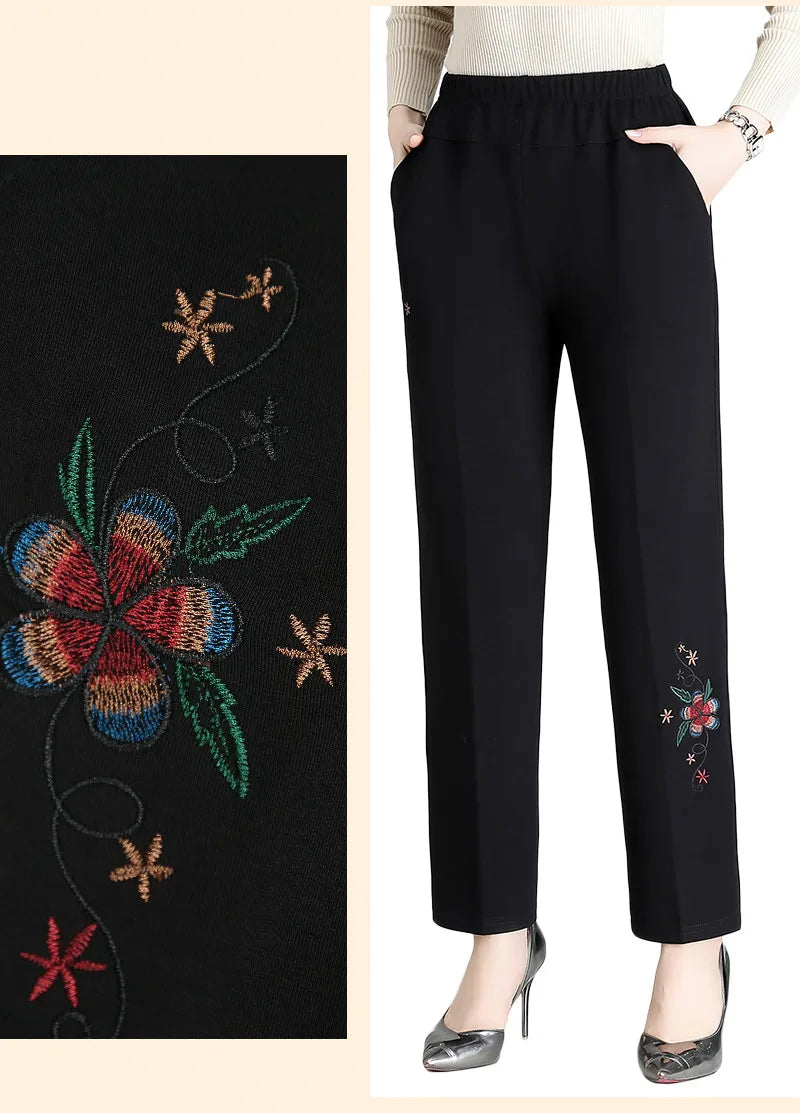 Autumn Magic Plus-Size High-Waisted Embroidered Pants for Women - Stylish & Comfortable