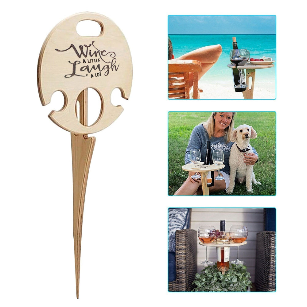 Folding Wine Table – Wood, Bottle Holder & 2 Glass Slots for Picnics