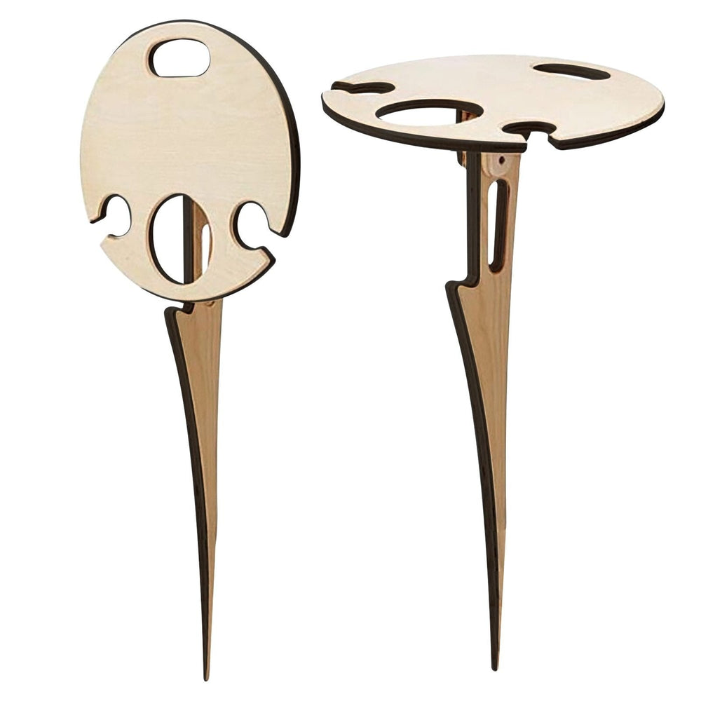 Folding Wine Table – Wood, Bottle Holder & 2 Glass Slots for Picnics