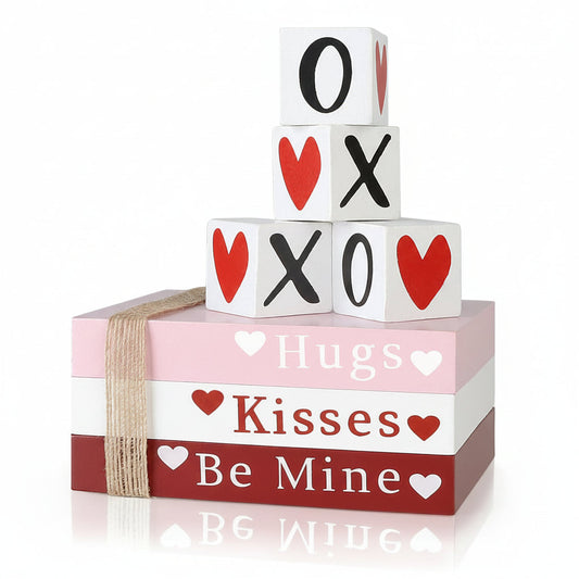 Wooden Valentine Book Stack – Heart Shelf Sign & Table Decor