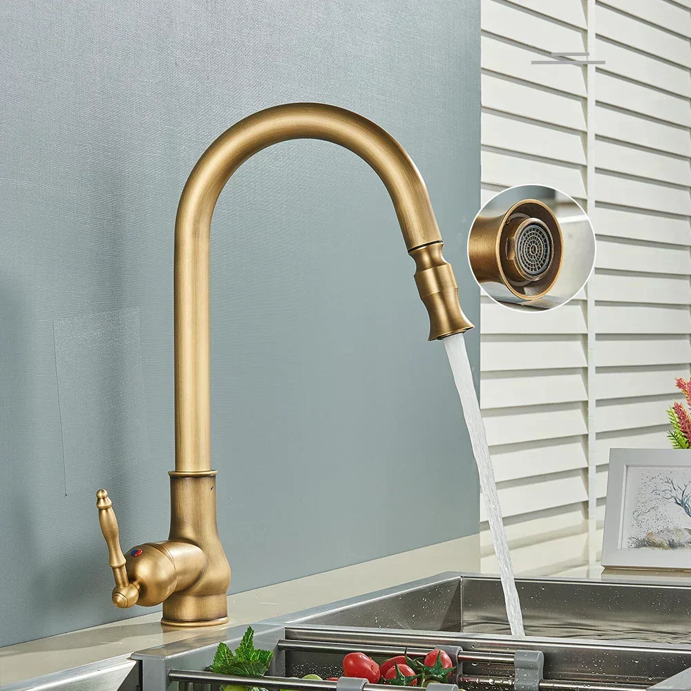 BowLift | VintageTap Antique Brass Kitchen Tap – Retro Style Mixer Faucet with Swivel Spout