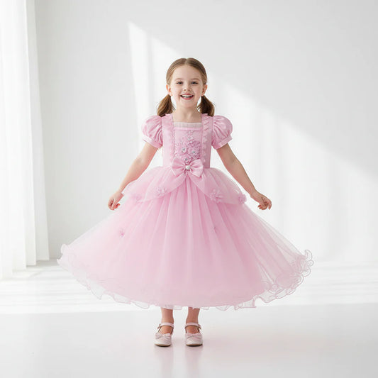 Girls Princess Party Gown – Lace Embroidery, Puff Sleeves & Bow Detail
