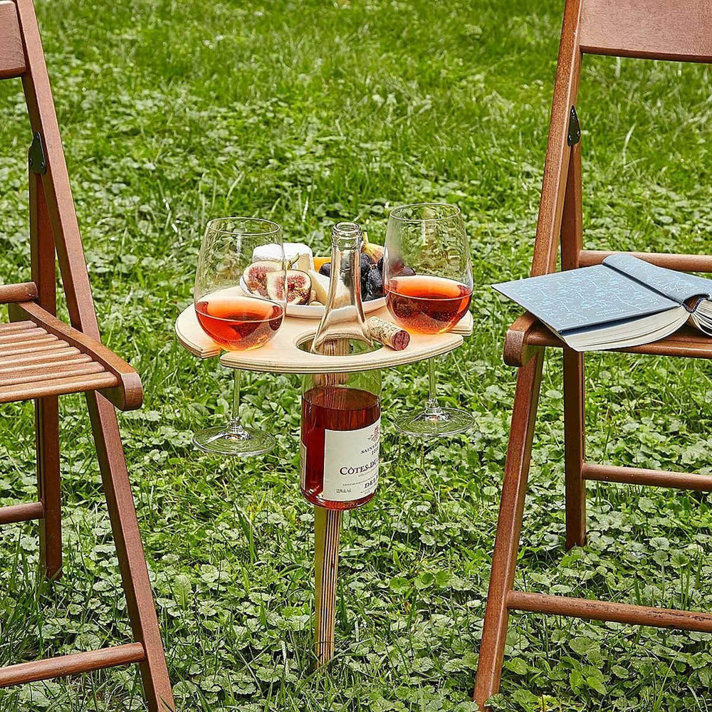Folding Wine Table – Wood, Bottle Holder & 2 Glass Slots for Picnics