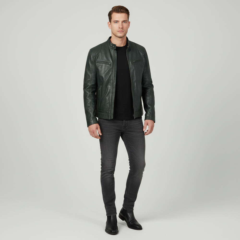 Spencer - Men's Leather Jacket, Slim Cut - Green