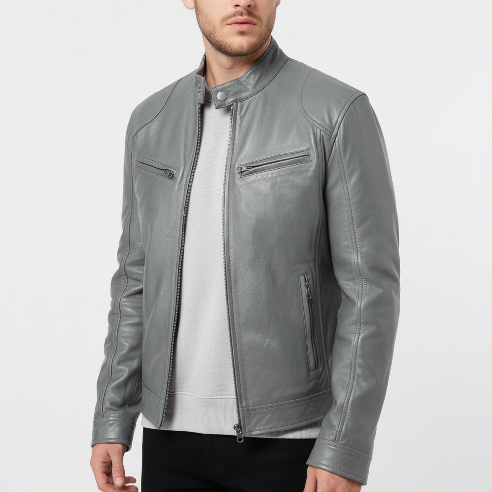 Spencer - Men's Leather Jacket, Slim Cut - Gray