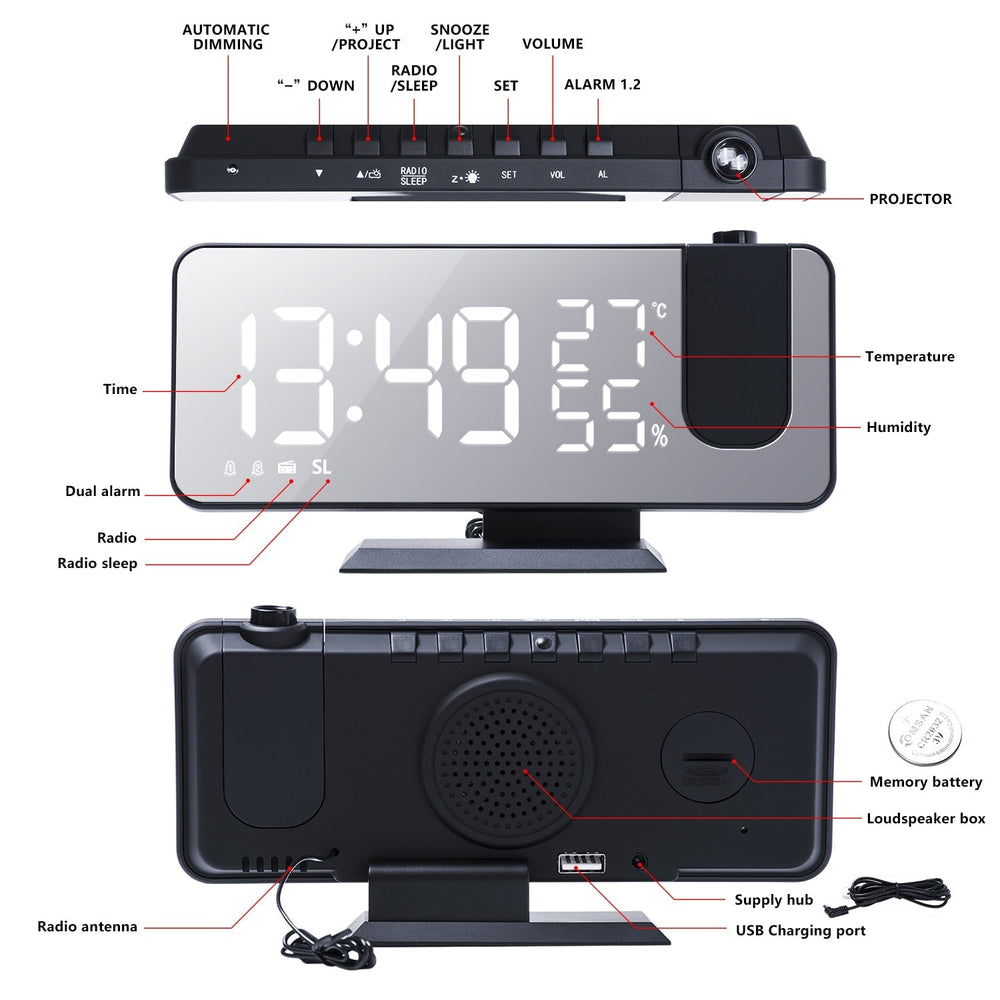 Optimized Product Title: "Digitale Projektionsuhr mit LED-Display, FM-Radio & Weckerfunktion – Perfekt für Schlafzimmer" 

This title includes relevant keywords while highlighting key features and benefits to improve visibility and appeal on Google Shoppi