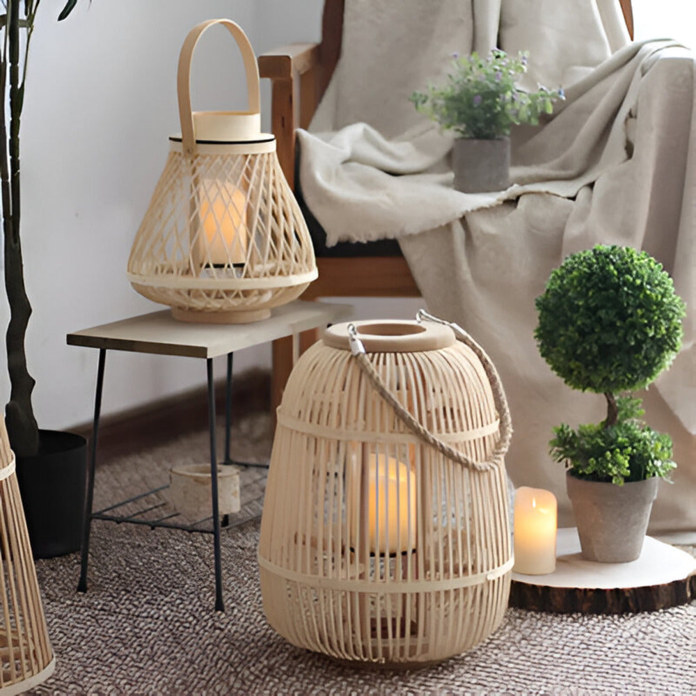 Handwoven Rattan Lantern – Flameless LED Candle, 3 Shapes, Battery-Powered