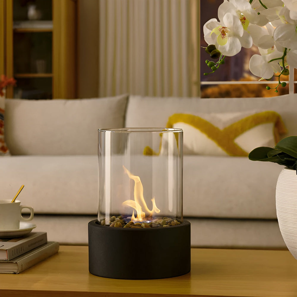 Tabletop Bioethanol Fireplace – Glass Cylinder, Metal Base & 27cm Height