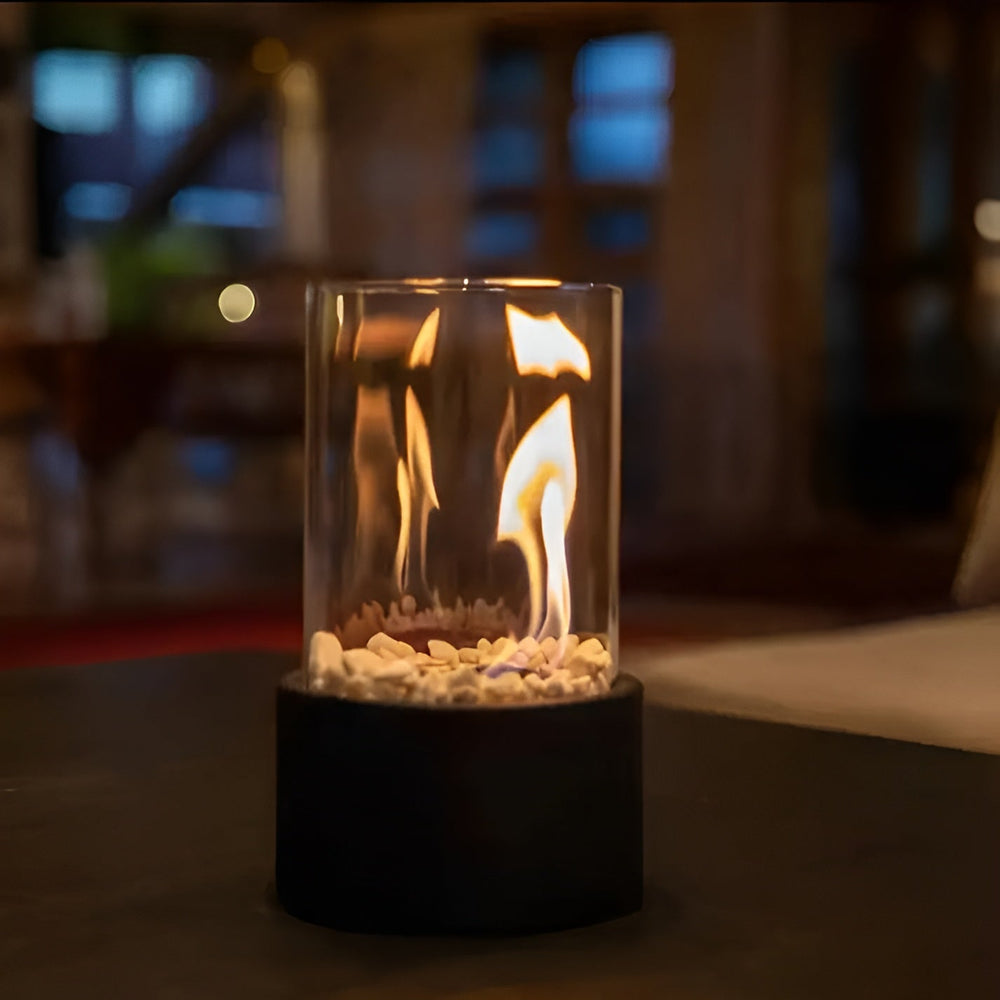 Tabletop Bioethanol Fireplace – Glass Cylinder, Metal Base & 27cm Height