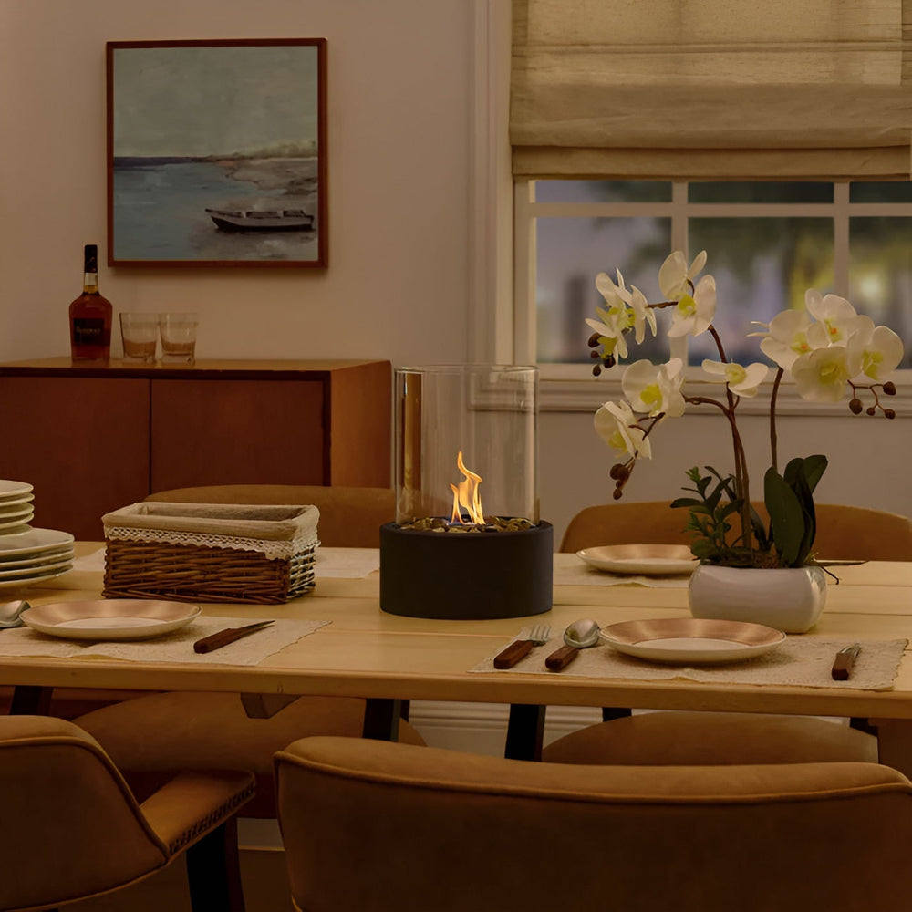 Tabletop Bioethanol Fireplace – Glass Cylinder, Metal Base & 27cm Height