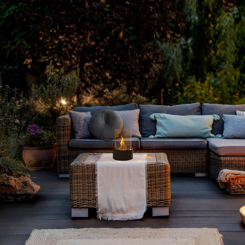 Tabletop Bioethanol Fireplace – Glass Cylinder, Metal Base & 27cm Height