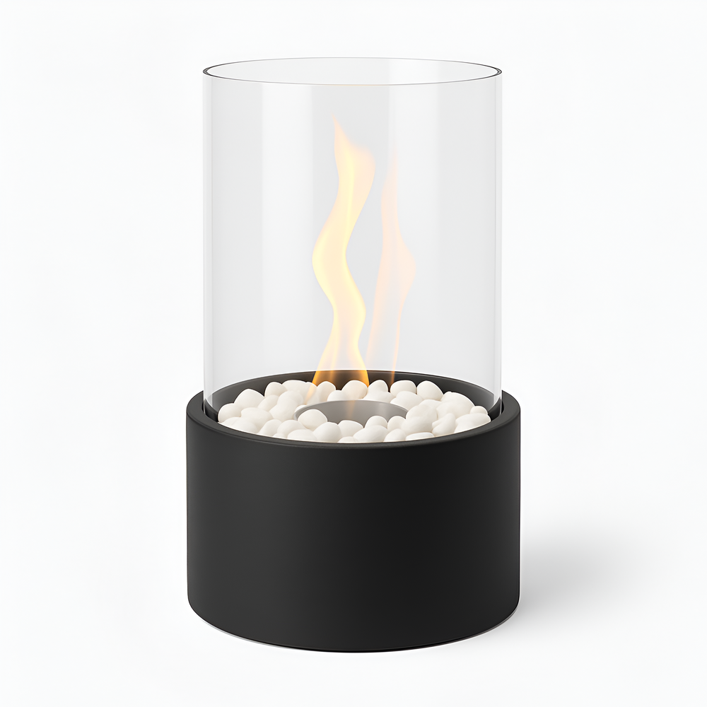 Tabletop Bioethanol Fireplace – Glass Cylinder, Metal Base & 27cm Height