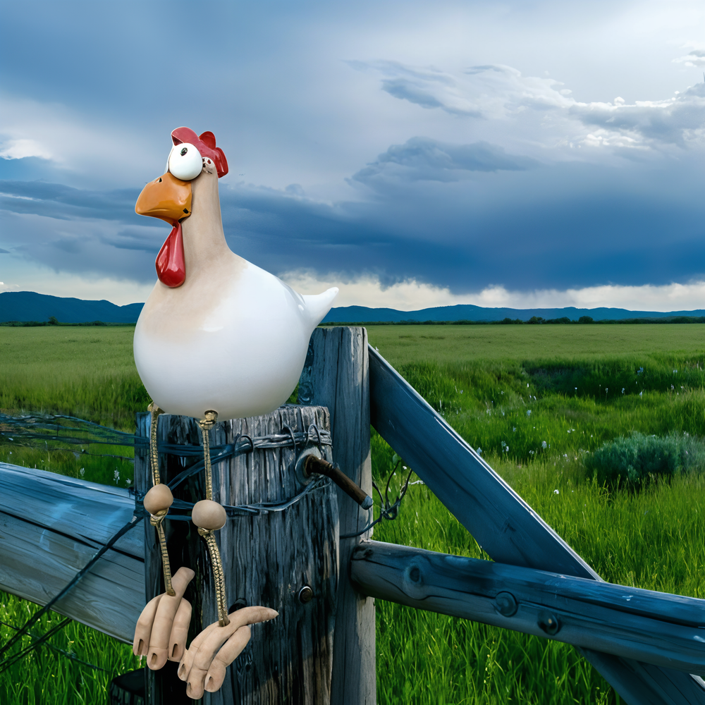 Chicken Garden Figurine – Weatherproof Resin, Wobbling Wood Legs & 28cm