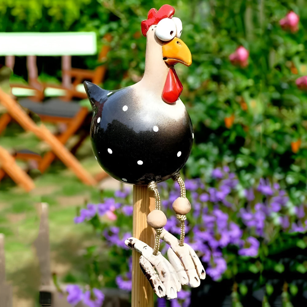 Chicken Garden Figurine – Weatherproof Resin, Wobbling Wood Legs & 28cm