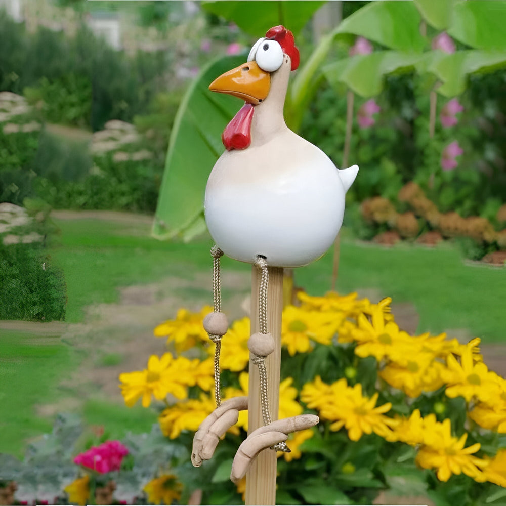 Chicken Garden Figurine – Weatherproof Resin, Wobbling Wood Legs & 28cm