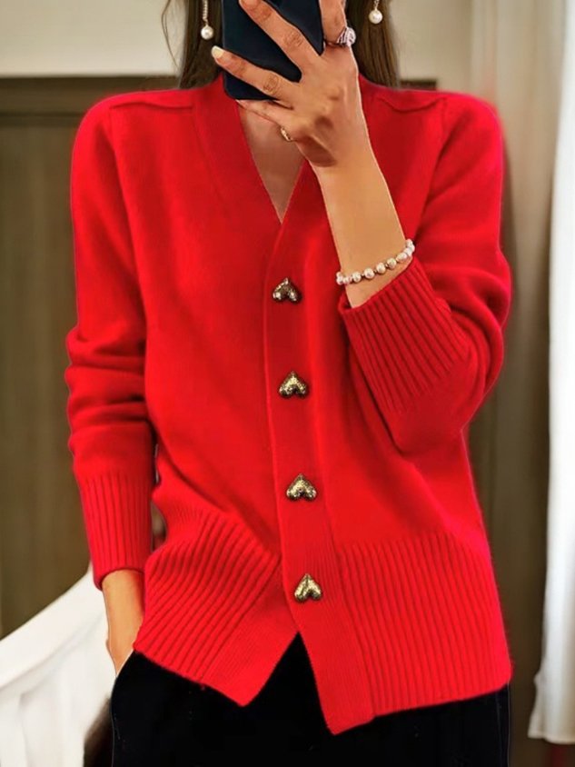 Frida – Hip-Length Cardigan with Button Placket – Red