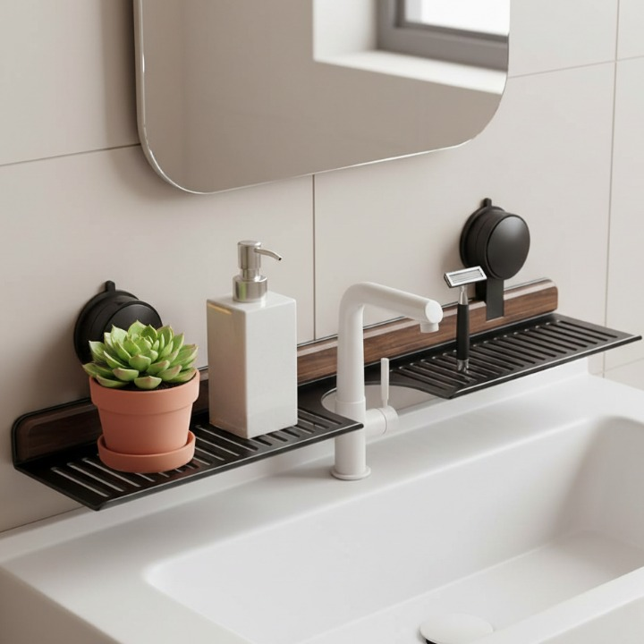 Walnut Wood Sink Shelf – No Drill Organizer for Effortless Kitchen Storage