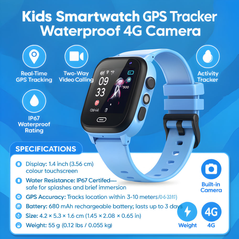 Kids GPS Smartwatch – 4G Tracker, Camera & IP67 Waterproof Touchscreen