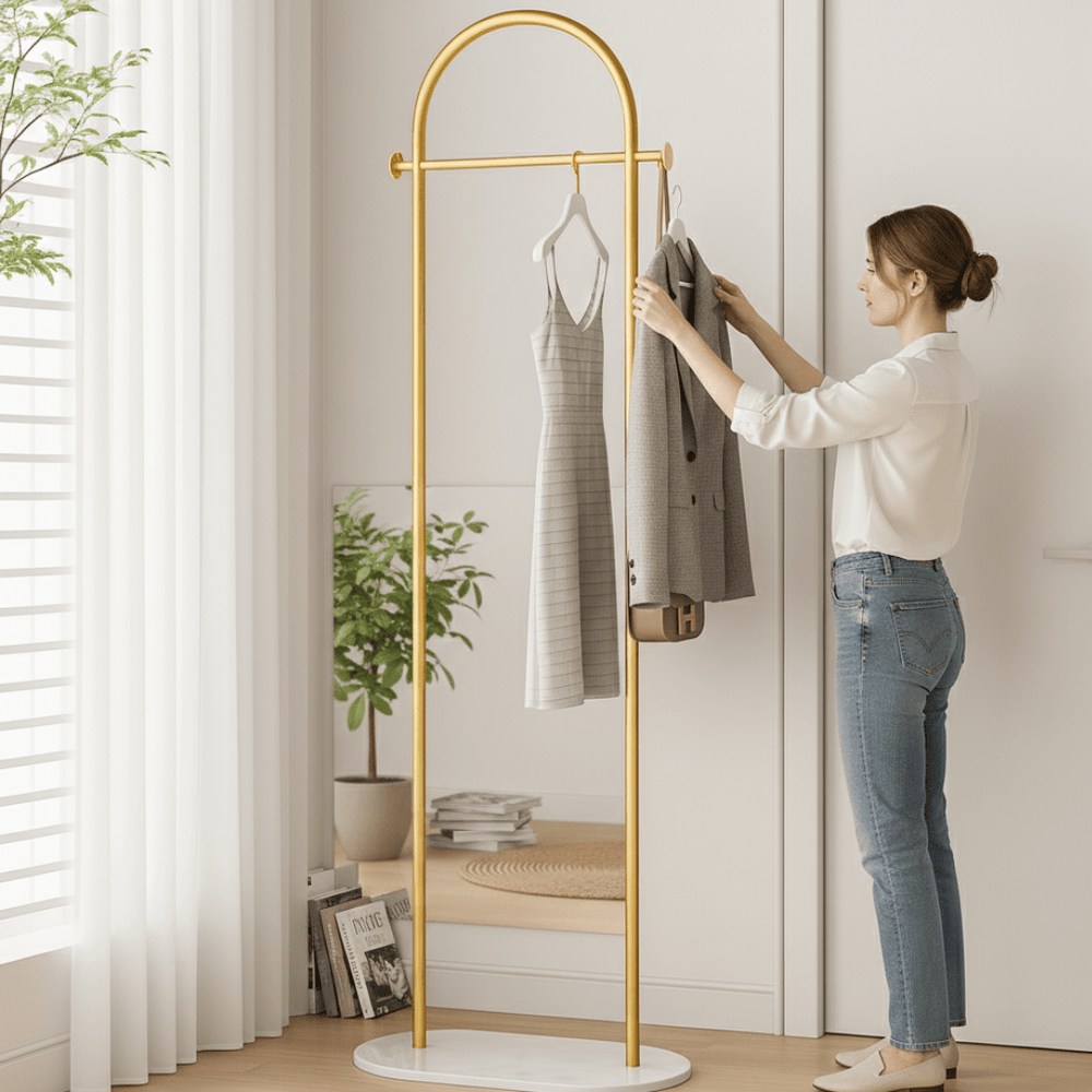 Arched Clothing Rack – Freestanding Metal, 170×28×45cm & Marble-Look Base