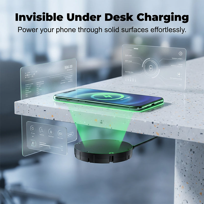 Under-Desk Wireless Charger – Qi Fast Charging, Invisible Mount & Through-Surface