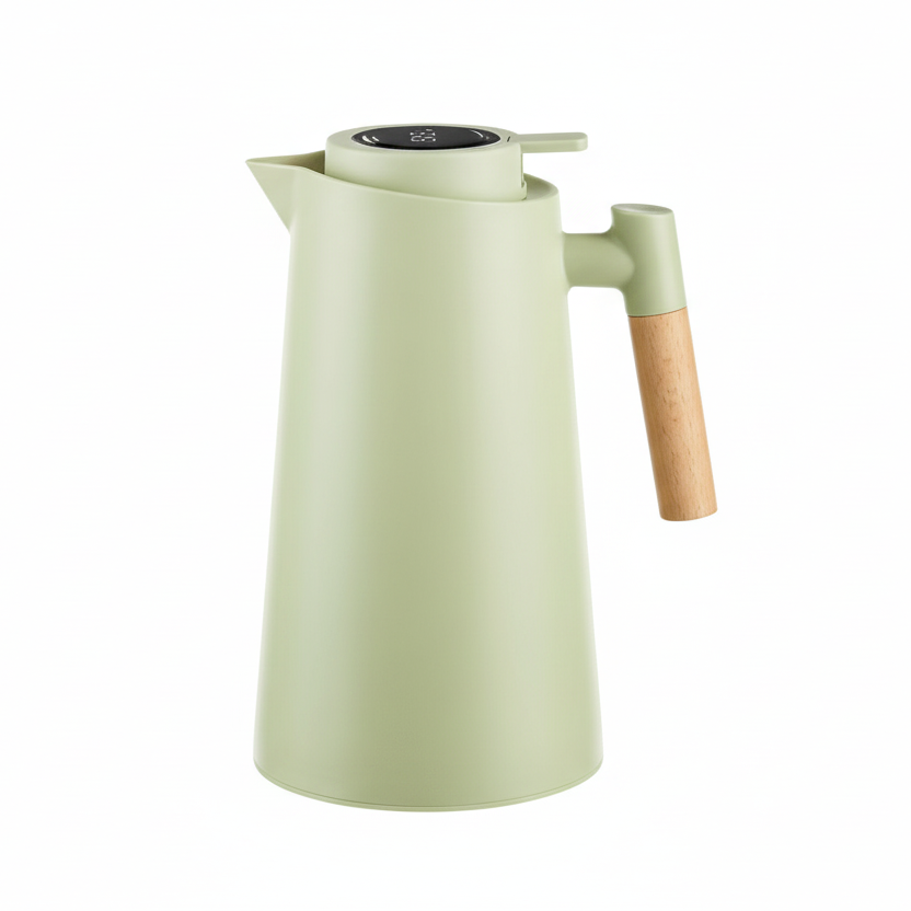 Thermal Carafe with Temperature Display – 1L Double-Wall Steel & Wooden Handle