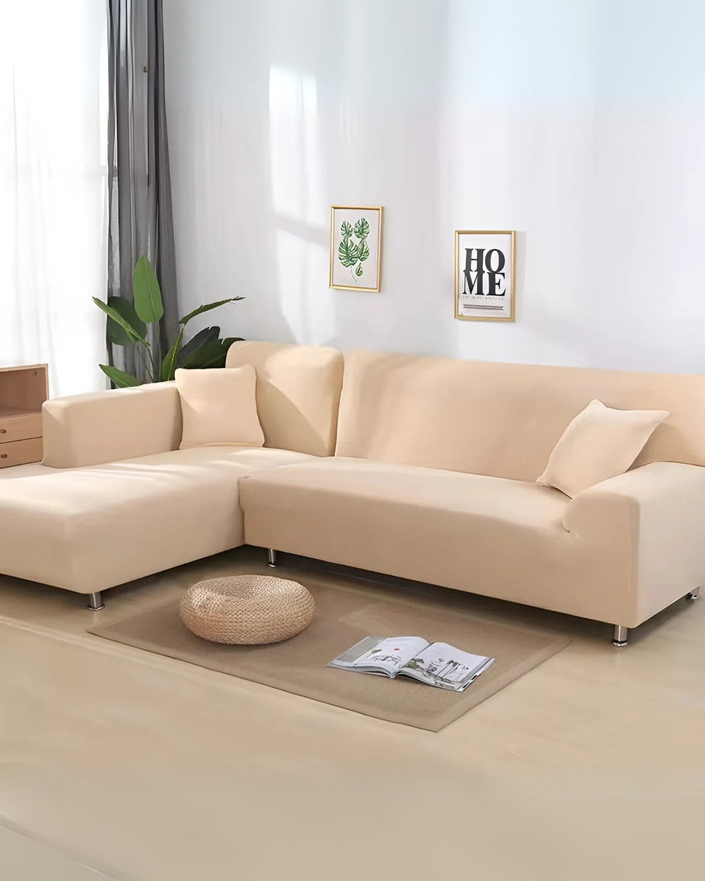 Stretch Modular Sofa Cover – Milk Silk, 235–300cm & Anti-Slip Fit