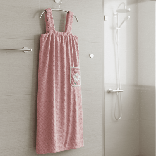 Women's Wearable Bath Towel Wrap – Quick-Dry Polyester, Adjustable Straps & Pocket