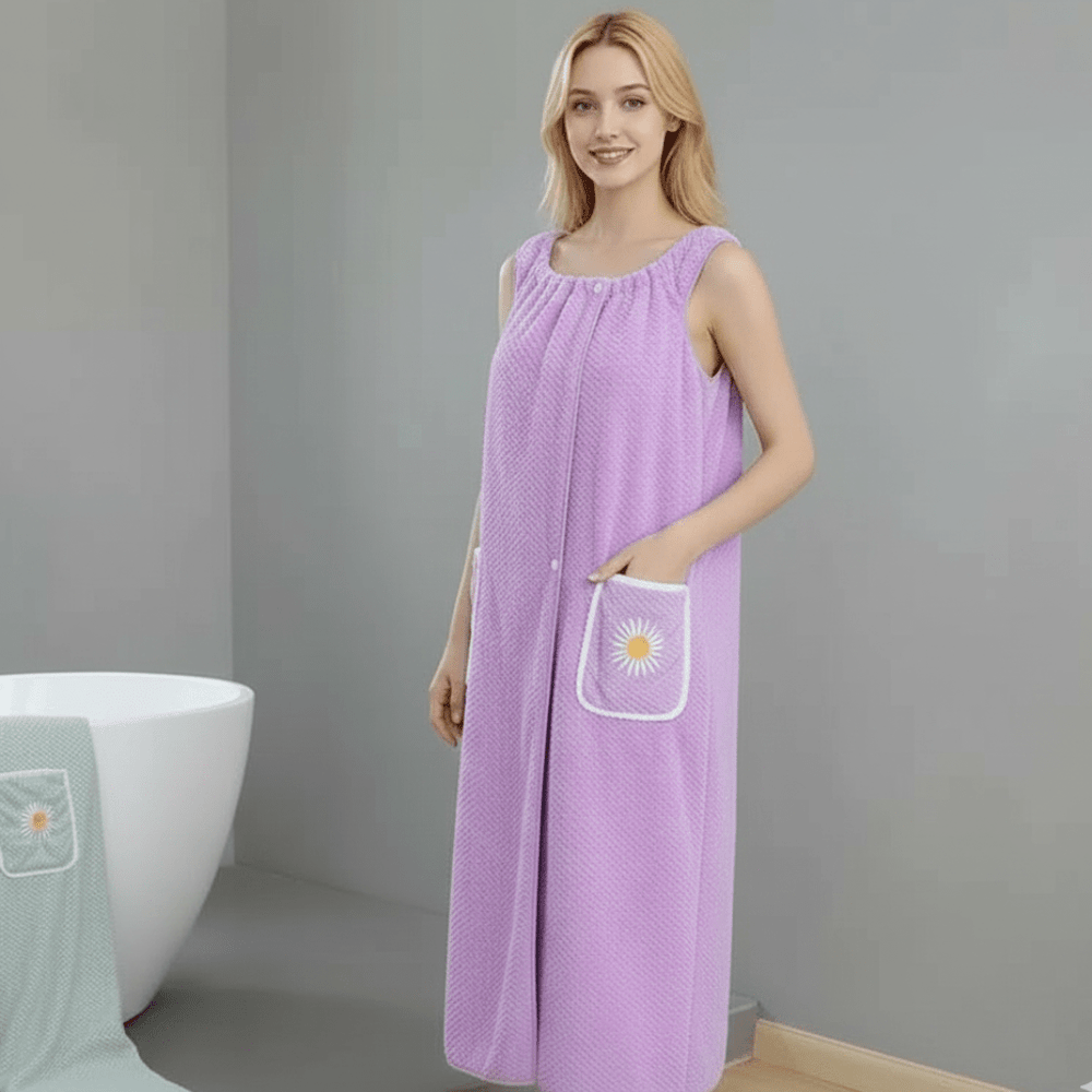 Women's Wearable Bath Towel Wrap – Quick-Dry Polyester, Adjustable Straps & Pocket