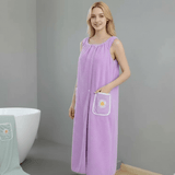 Women's Wearable Bath Towel Wrap – Quick-Dry Polyester, Adjustable Straps & Pocket