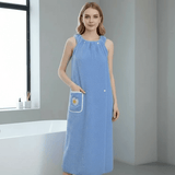 Women's Wearable Bath Towel Wrap – Quick-Dry Polyester, Adjustable Straps & Pocket