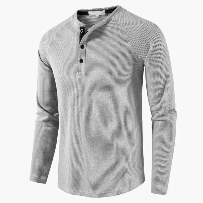 Men's Henley T-Shirt – Long Sleeve, Button Placket & Plain Woven Design