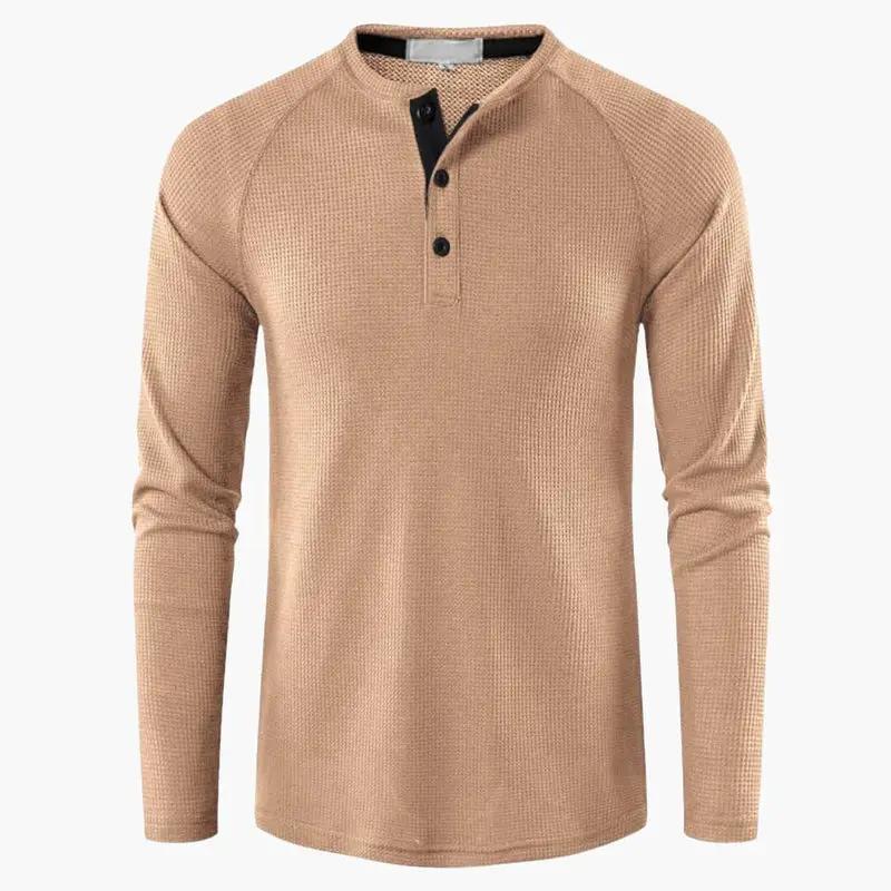 Men's Henley T-Shirt – Long Sleeve, Button Placket & Plain Woven Design