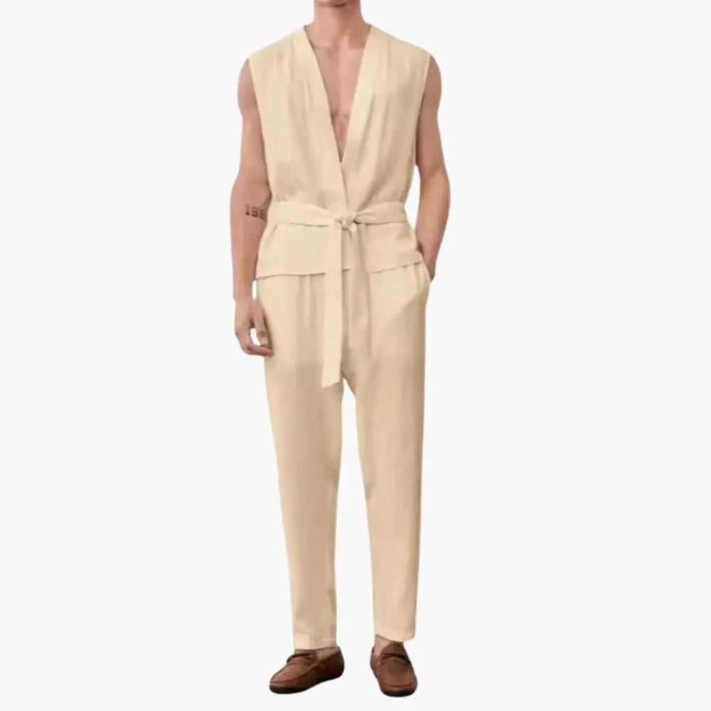Men's Two-Piece Summer Set – Sleeveless V-Neck Top & Belted Pants