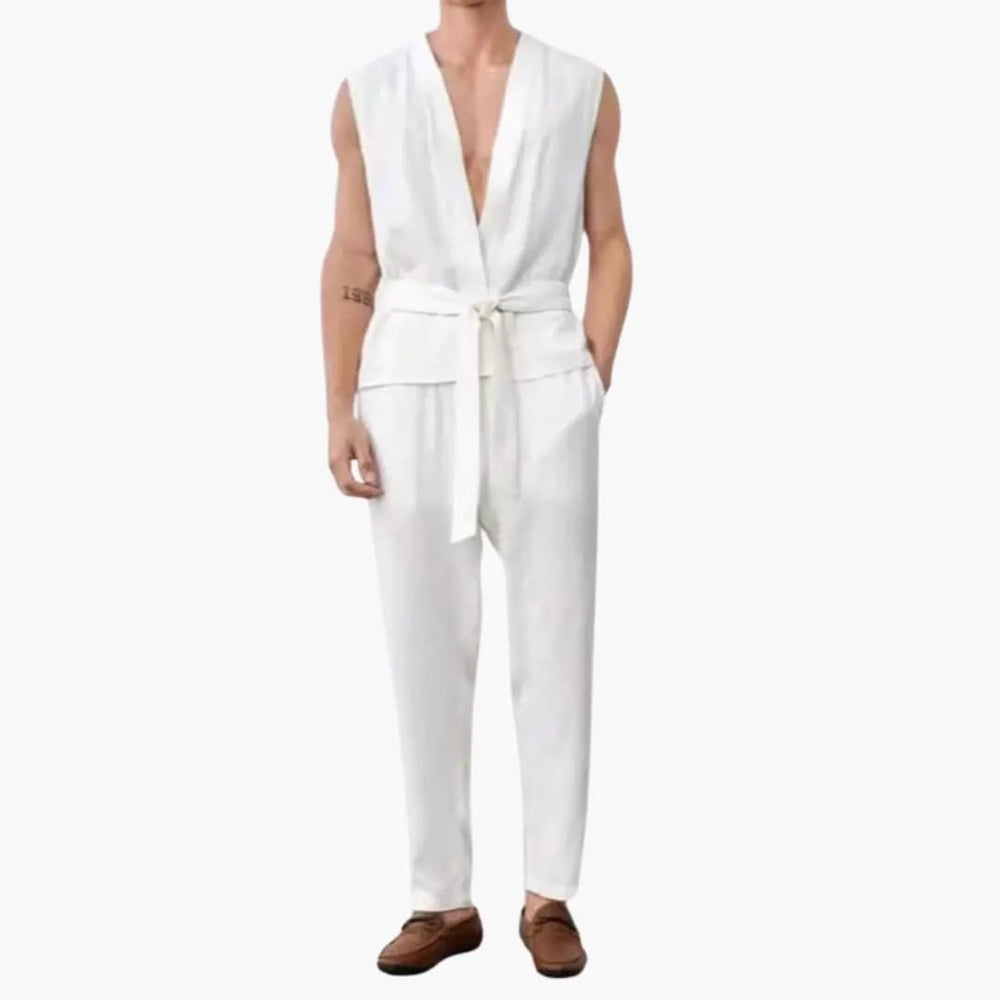 Men's Two-Piece Summer Set – Sleeveless V-Neck Top & Belted Pants