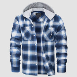 Men's Flannel Shirt Jacket with Hood - Long Sleeve Cotton Plaid Style 0