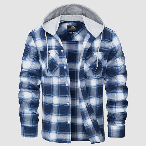Men's Flannel Shirt Jacket with Hood - Long Sleeve Cotton Plaid Style 0