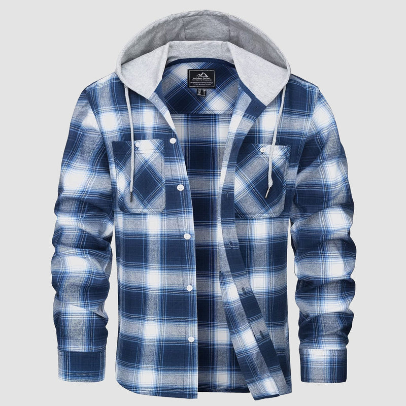 Men's Flannel Shirt Jacket with Hood - Long Sleeve Cotton Plaid Style 0