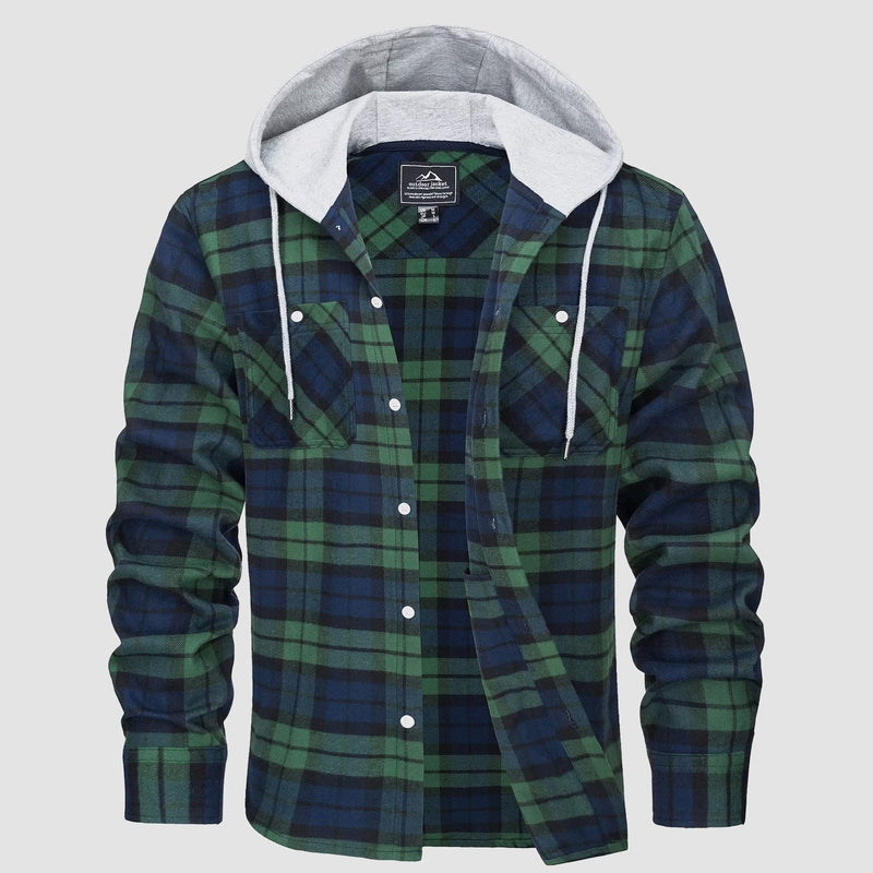 Men's Flannel Shirt Jacket with Hood - Long Sleeve Cotton Plaid Style 10