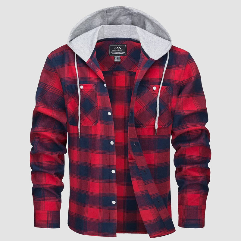 Men's Flannel Shirt Jacket with Hood - Long Sleeve Cotton Plaid Style 11