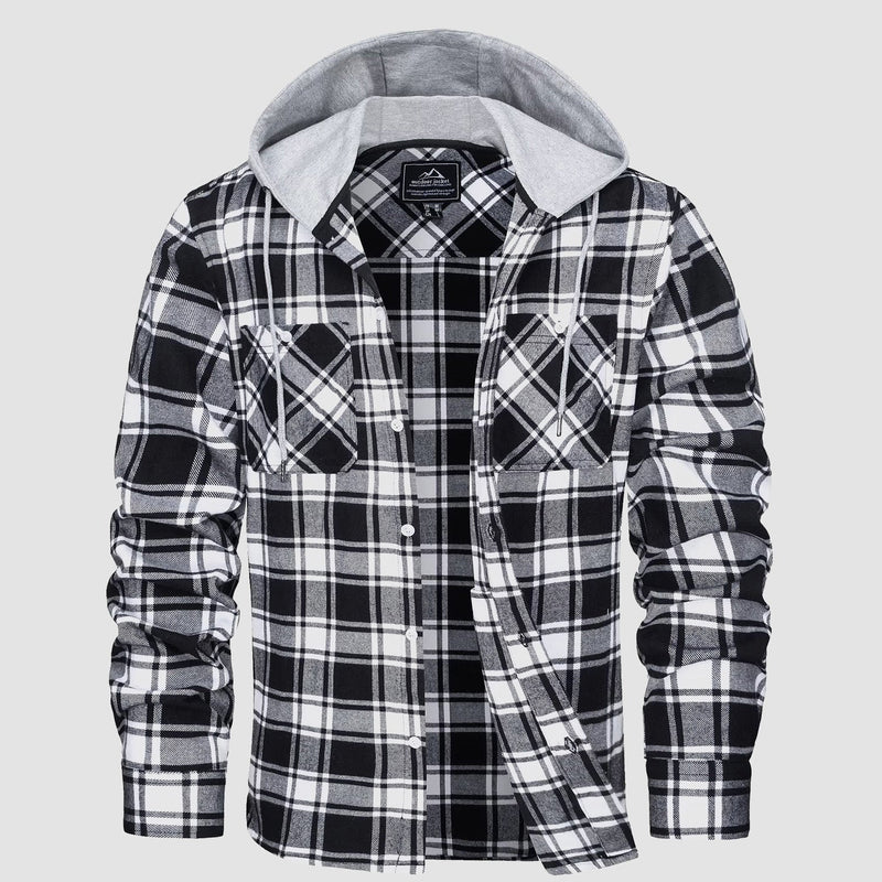 Men's Flannel Shirt Jacket with Hood - Long Sleeve Cotton Plaid Style 12