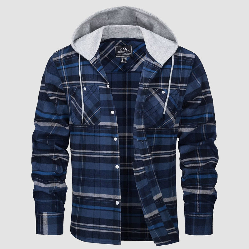 Men's Flannel Shirt Jacket with Hood - Long Sleeve Cotton Plaid Style 13