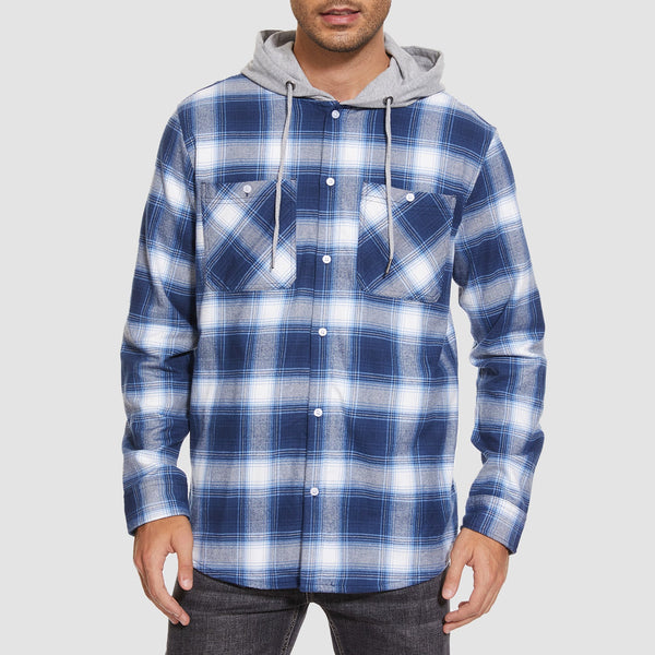 Men's Flannel Shirt Jacket with Hood - Long Sleeve Cotton Plaid Style 1