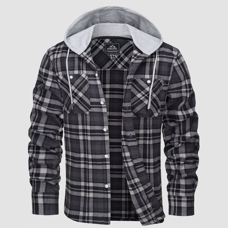 Men's Flannel Shirt Jacket with Hood - Long Sleeve Cotton Plaid Style 3