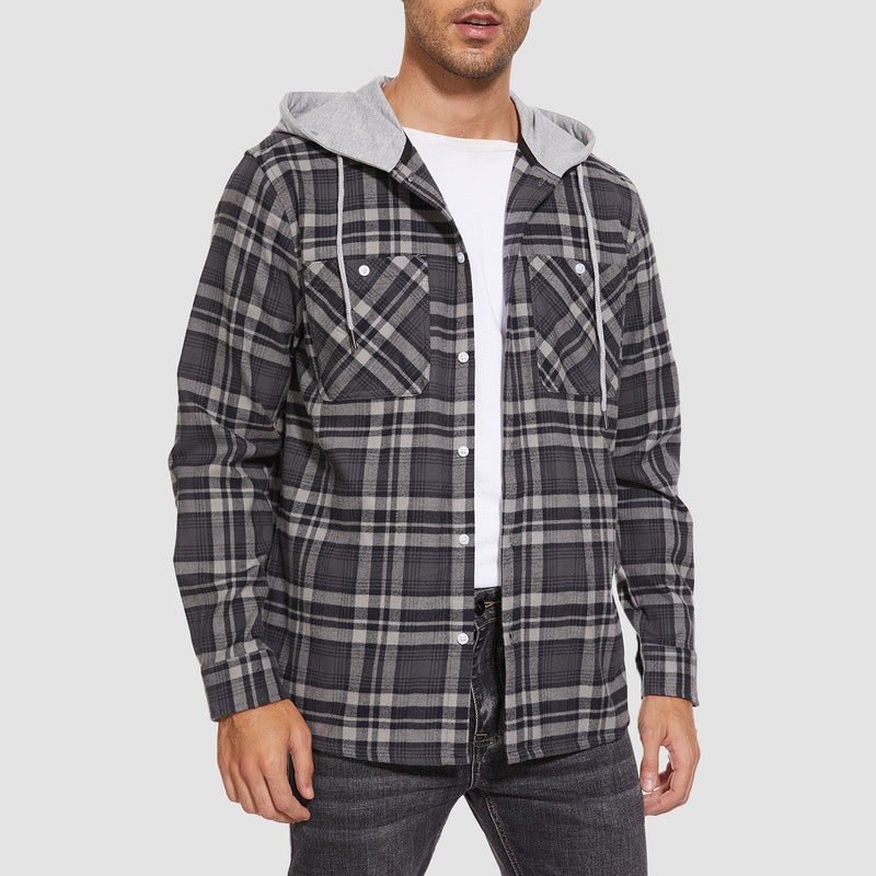 Men's Flannel Shirt Jacket with Hood - Long Sleeve Cotton Plaid Style 4